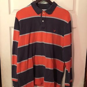 American Eagle Orange, Blue, and Gray Striped Polo Mens Large L